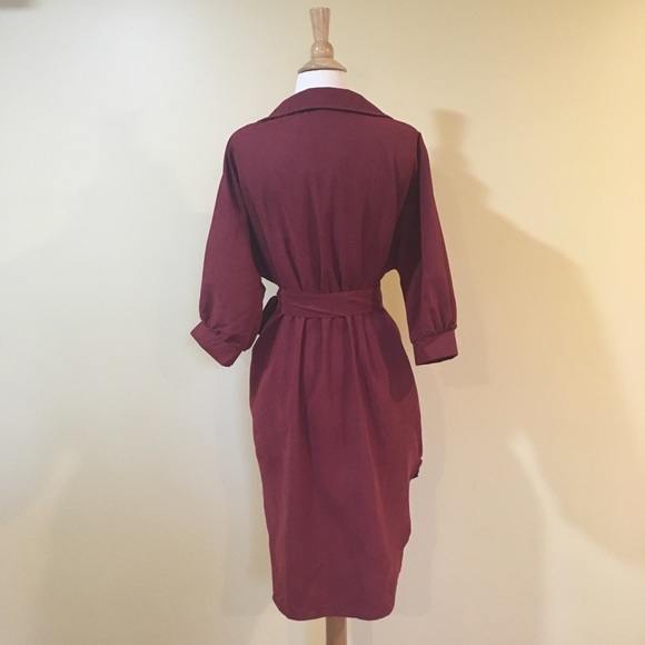 Burgundy Tie Waist Shirttail Hem High Low Shirt Dress - Picture 7 of 7